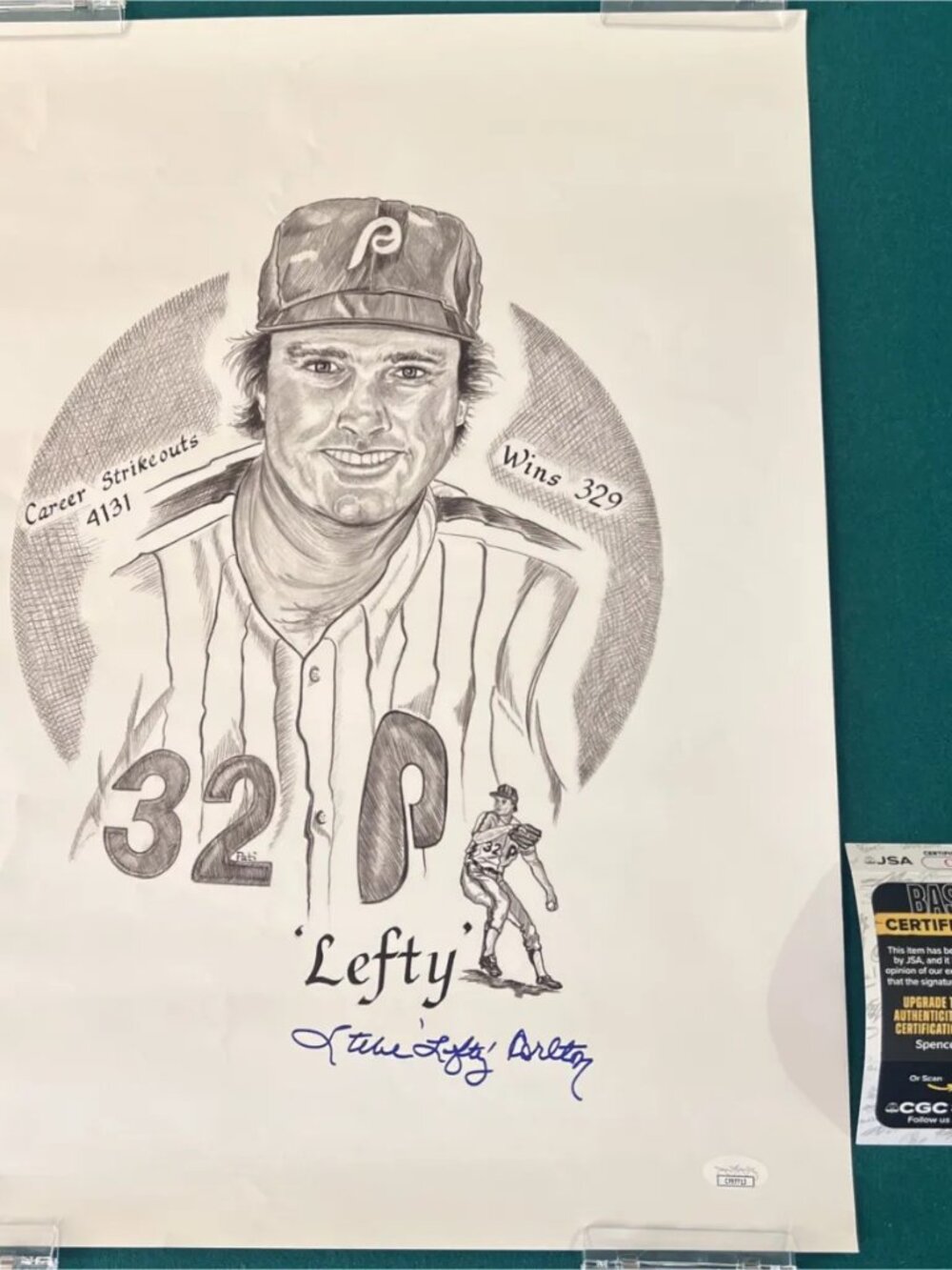 Signed Steve "Lefty" Carlton HOF illustration Phillies Auto JSA COA 16" x 20"